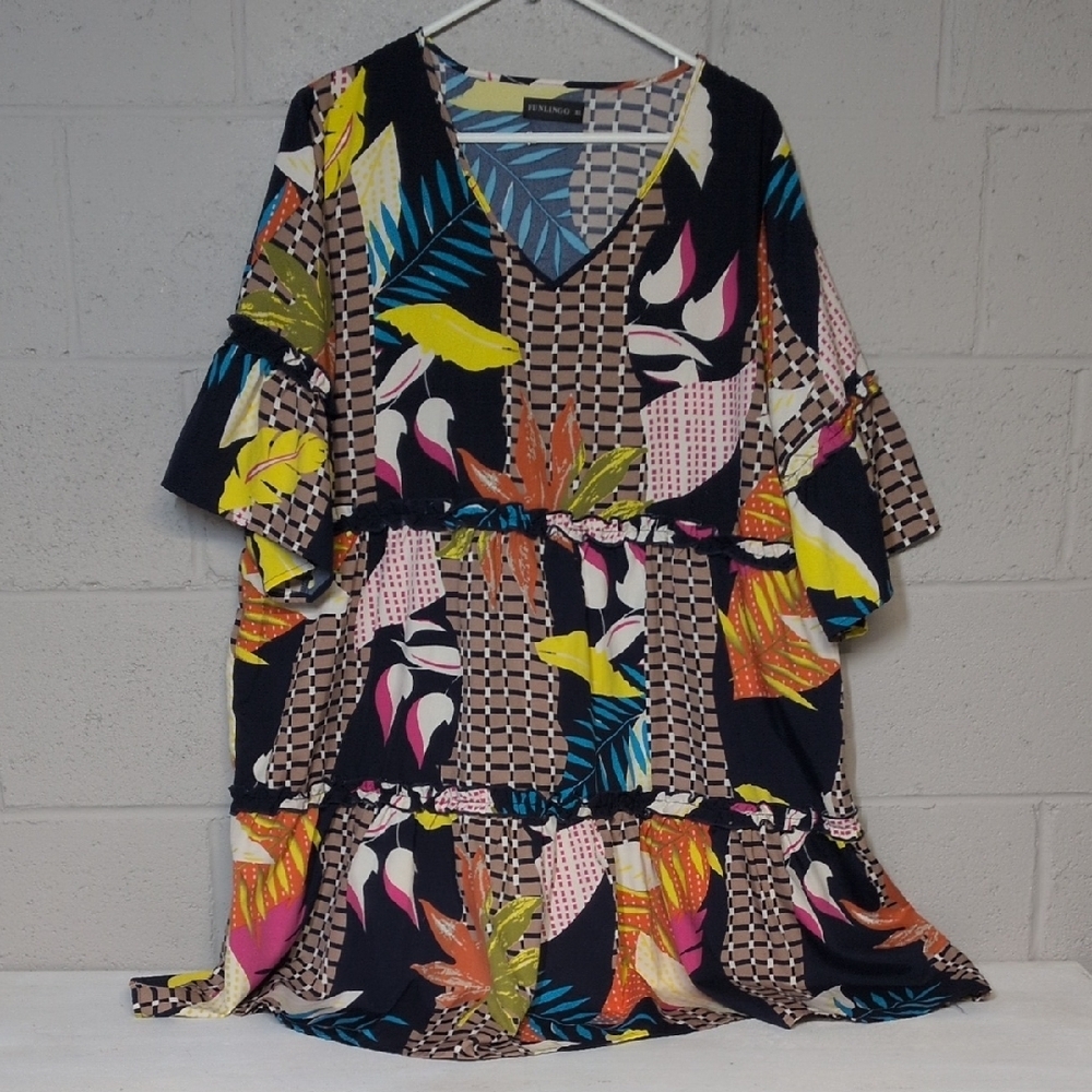 Colorful Patterned V-Neck Tiered Tunic Dress Size XL, Flowy Dress, like new - Picture 2 of 6